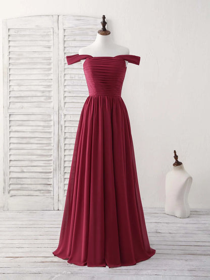 Chiffon Off Shoulder Long Prom Dress Burgundy Bridesmaid Dress