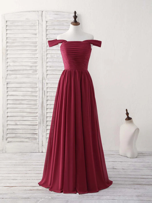 Chiffon Off Shoulder Long Prom Dress Burgundy Bridesmaid Dress