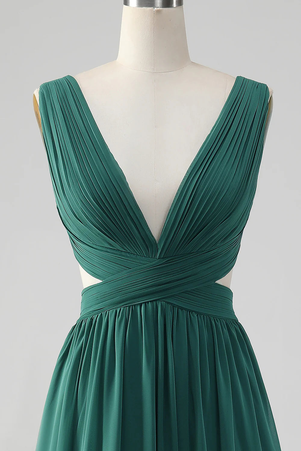 A Line V Neck Pleated Chiffon Long Bridesmaid Dress
