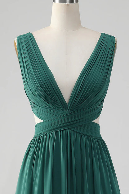 A Line V Neck Pleated Chiffon Long Bridesmaid Dress