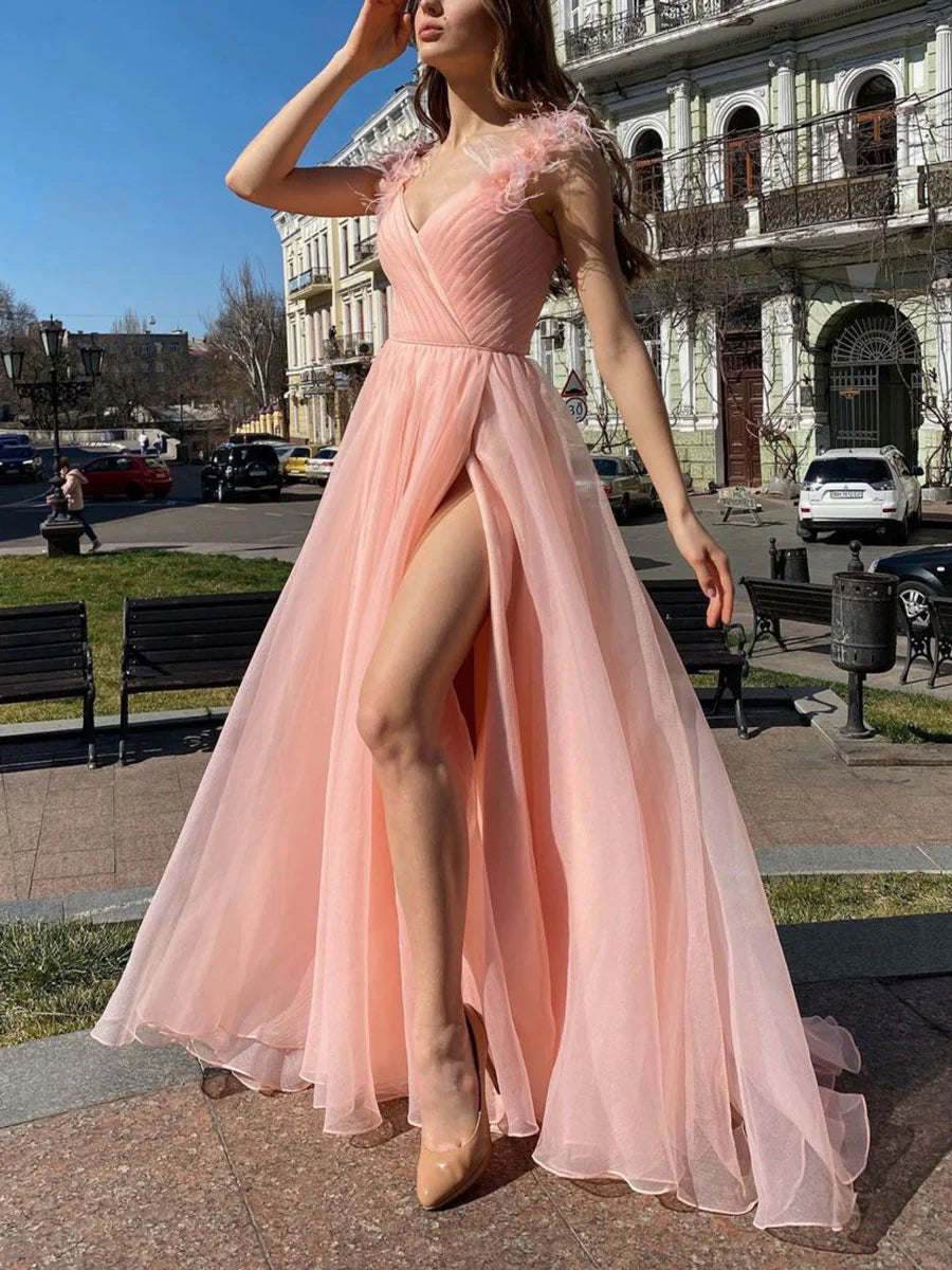 Pink v neck tulle long prom dress pink tulle formal prom dress