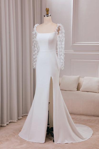 Trumpet Sweep Train Long Sleeves Bridal Dress with 3D Appliques