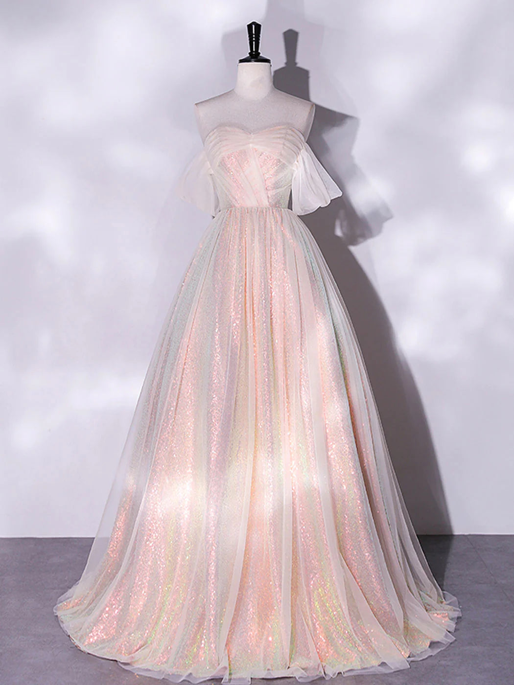 A-Line Pink Tulle Long Prom Dresses Pink Formal Evening Dress