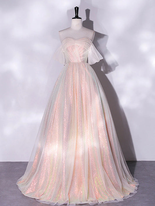 A-Line Pink Tulle Long Prom Dresses Pink Formal Evening Dress