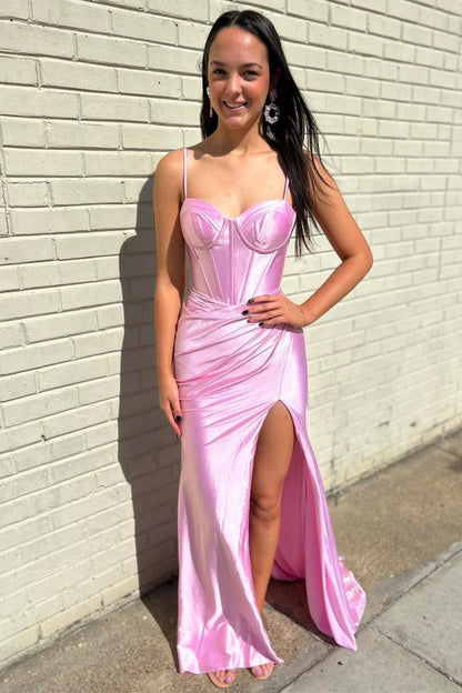 Corset Spaghetti Strap Mermaid Long Formal Dress with Slit