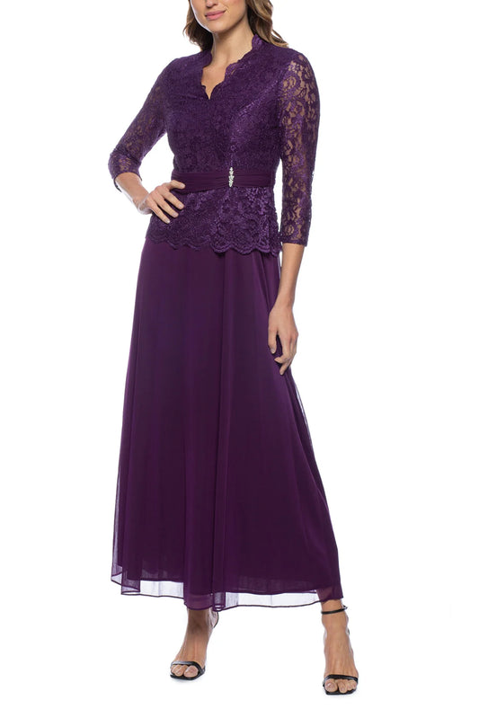 Marina 3/4 Sleeve V-neck Lace Tight Chiffon Long Mother of the Bride Dresses Dress