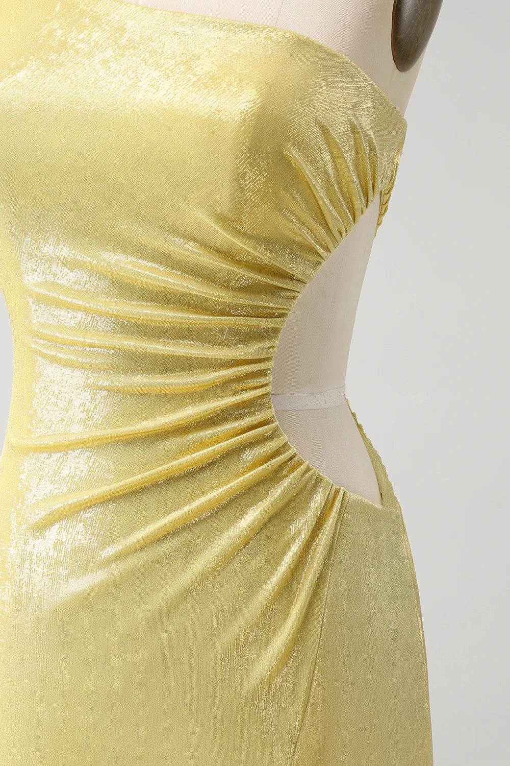 Yellow Bodycon One Shoulder Hollow Out Pleated Metallic Homecoming Dress