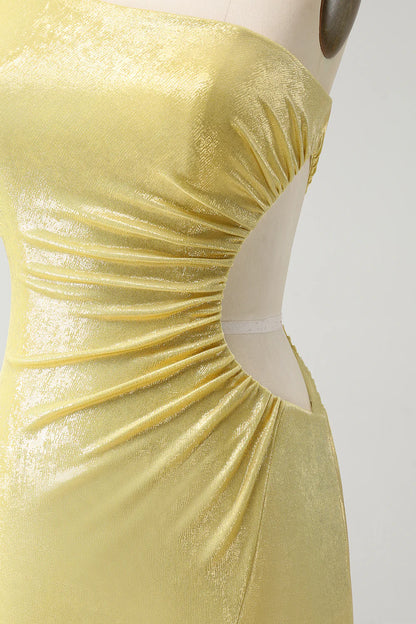 Yellow Bodycon One Shoulder Hollow Out Pleated Metallic Homecoming Dress
