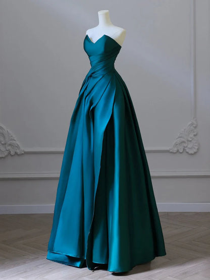 A-Line Satin Green Long Prom Dress Green Satin Long Formal Evening Dress