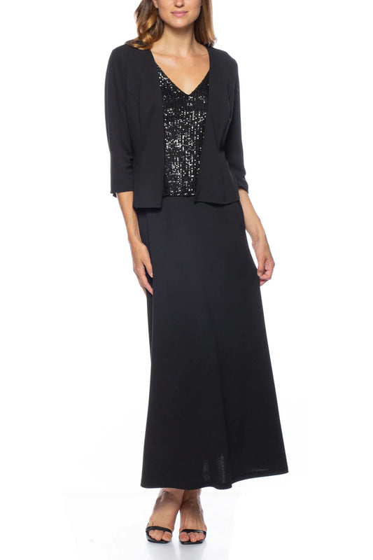 v-neck sleeveless sequined crape gown with open front long sleeve jacket