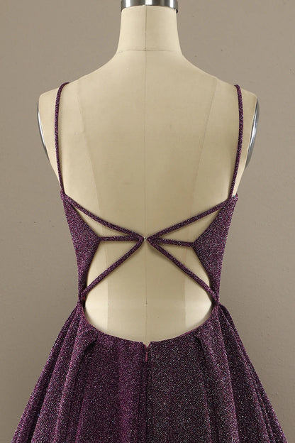 Grape colored lace up long satin formal ball dress
