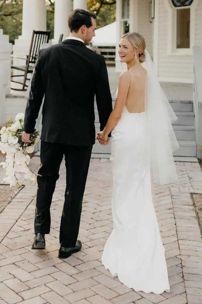 White Satin Plunge Neck Backless Sheath Wedding Dress