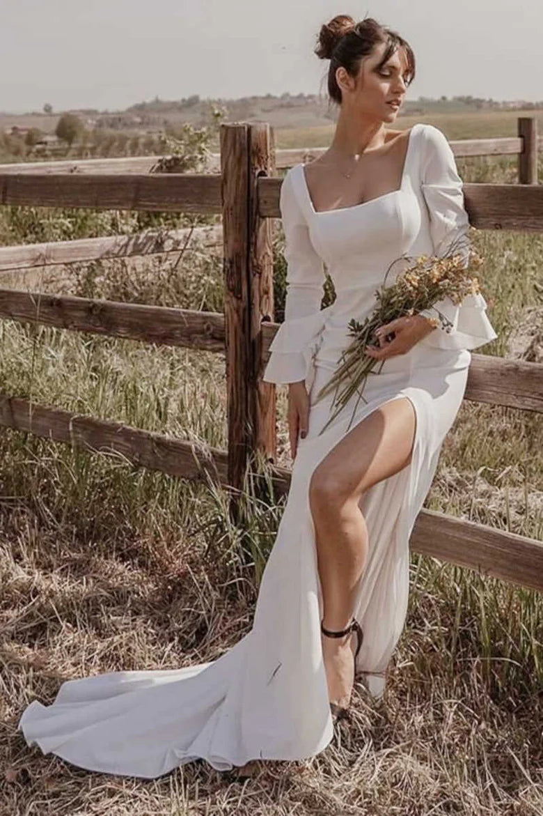 Square Neck Long Sleeve Long Wedding Dress with Slit