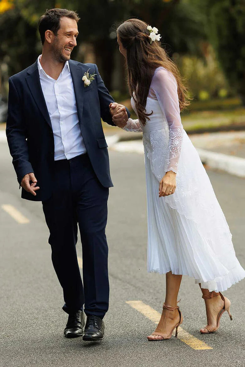 Sweetheart Sheer Sleeve Tea-length Wedding Dress