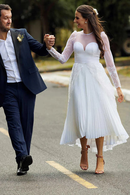 Sweetheart Sheer Sleeve Tea-length Wedding Dress