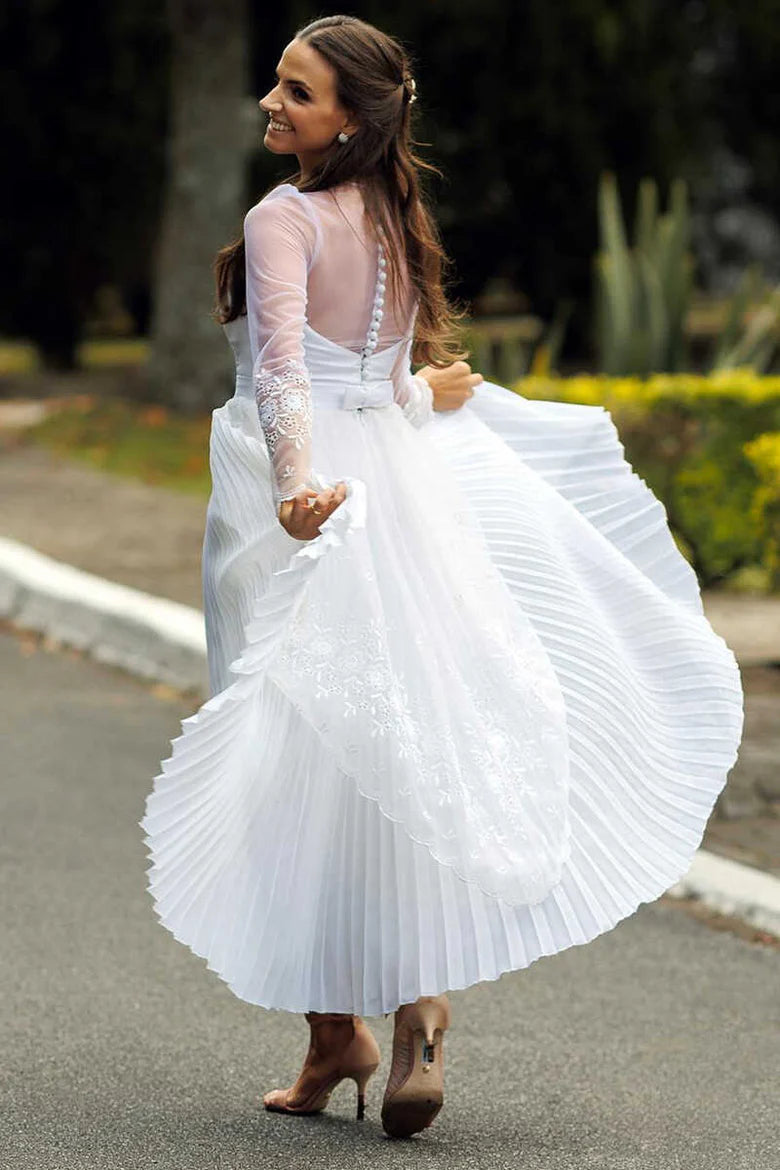 Sweetheart Sheer Sleeve Tea-length Wedding Dress