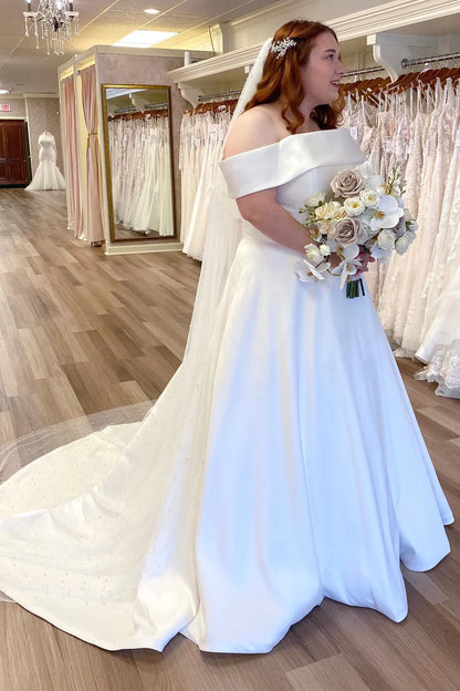 Satin Off-the-Shoulder A-Line Long Wedding Dress