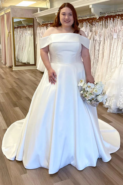 Satin Off-the-Shoulder A-Line Long Wedding Dress