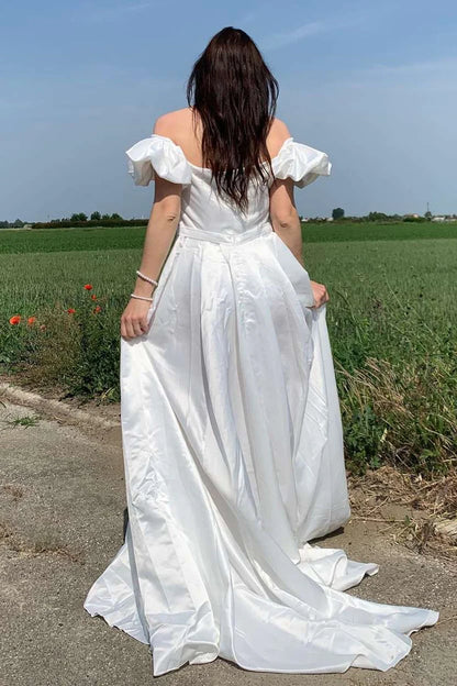 Off-the-Shoulder Puff Sleeve A-Line Long Wedding Gown