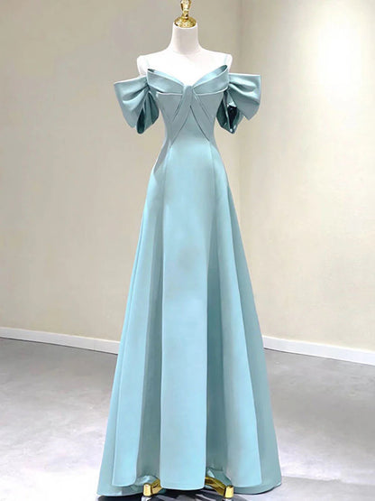 Blue A-Line Satin Long Prom Dresses Blue Satin Long Formal Dresses