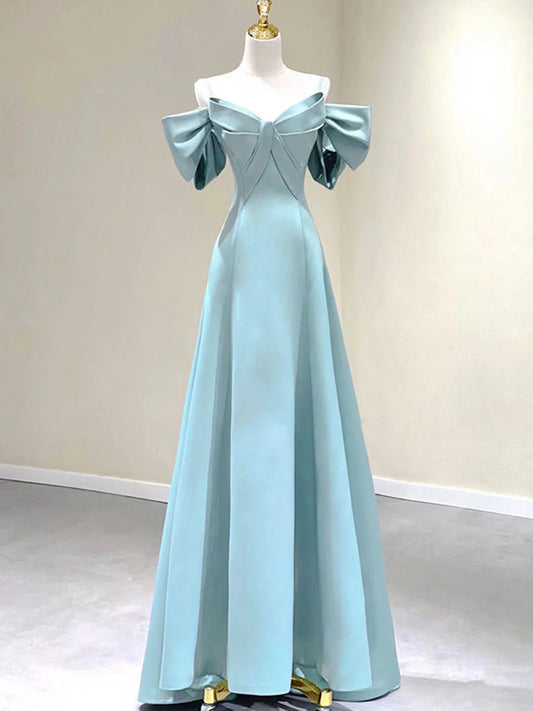 Blue A-Line Satin Long Prom Dresses Blue Satin Long Formal Dresses