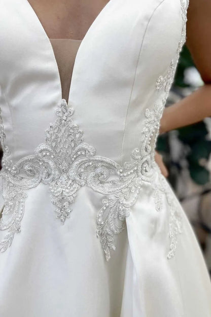 Satin V-Neck Backless A-Line Long Wedding Dress
