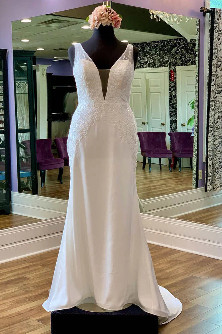 Appliques Sheer Straps Open Back Mermaid Long Wedding Dress