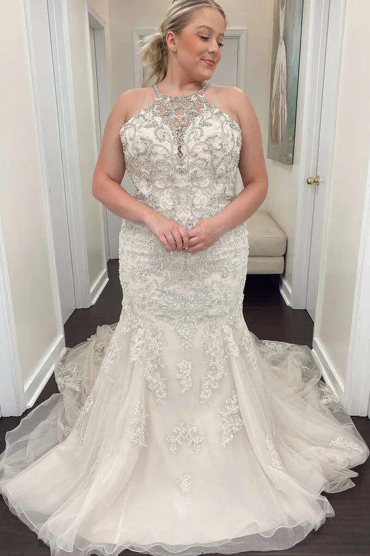 Beaded Halter Trumpet Long Wedding Dress