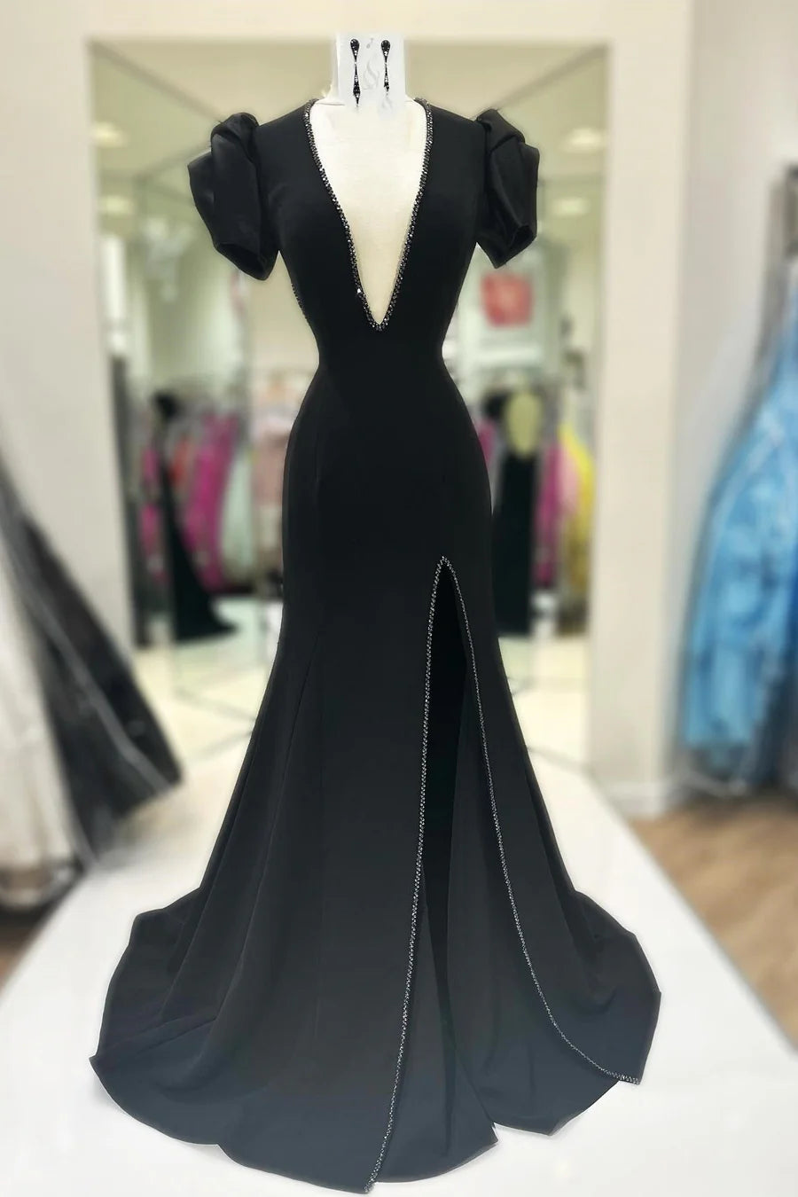 Beaded Plunge V Puff Sleeve Mermaid Long Prom Dress
