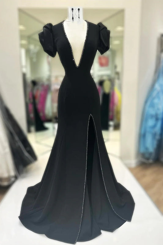 Beaded Plunge V Puff Sleeve Mermaid Long Prom Dress