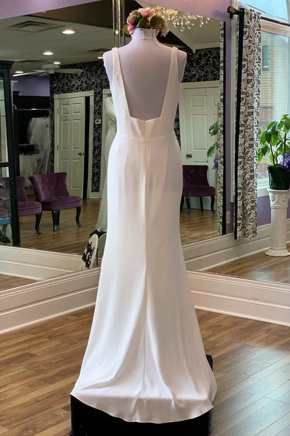 White V-Neck Square Back Long Bridal Gown