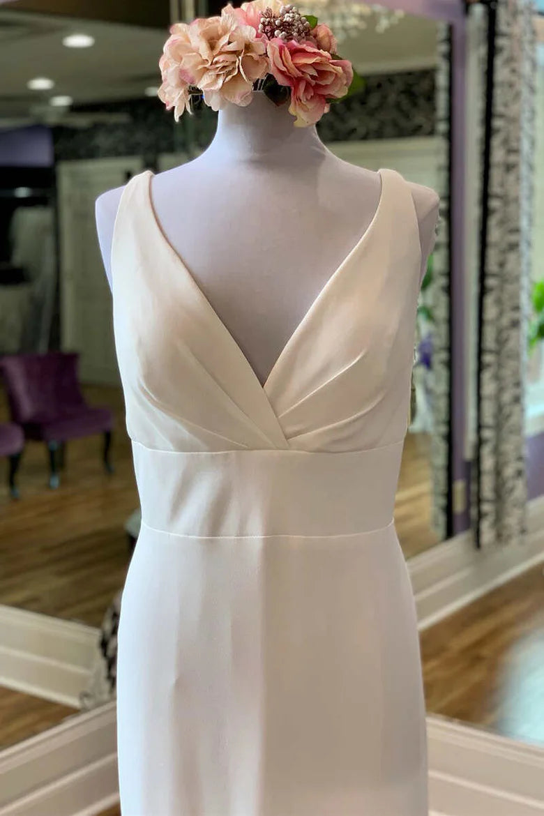 White V-Neck Square Back Long Bridal Gown