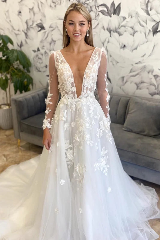 White Floral Plunging Neck Backless Wedding Dress