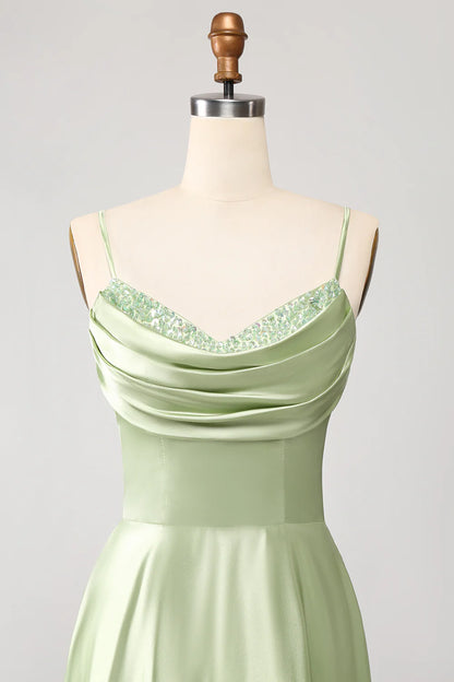 A-Line Cowl Neck Spaghetti Straps Maxi Dress With Sequins