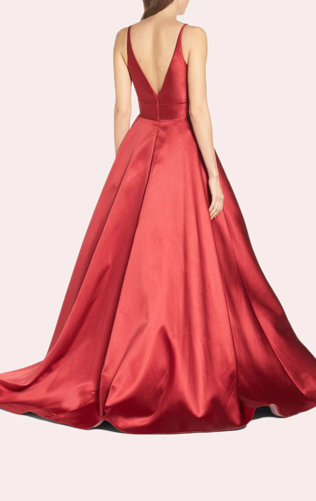 OKBBN V-neck satin formal ball dress with suspender straps