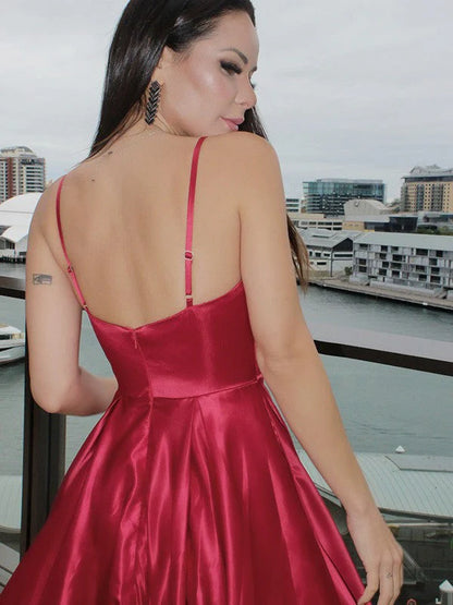 OKBBN A-line elegant sleeveless ruffled V-neck satin and floor dance dress