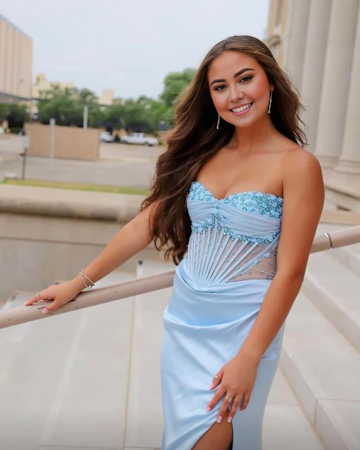 OKBBN Cute Mermaid V-neck Beaded Fold Long Split Ball Dress
