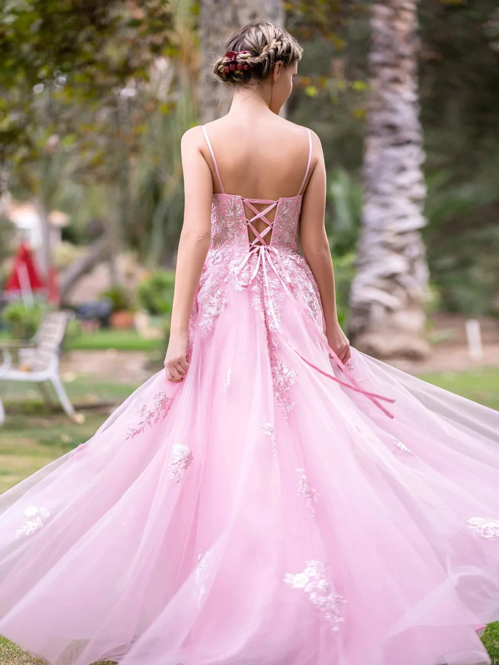 OKBBN deep V-neck applique and lace chiffon dance dress