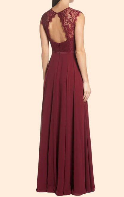 OKBBN Sleeved Lace Chiffon Long Formal Ball Dress