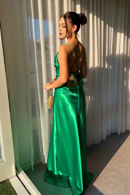 OKBBN's charming tight fitting scarf collar silk long slit dance dress