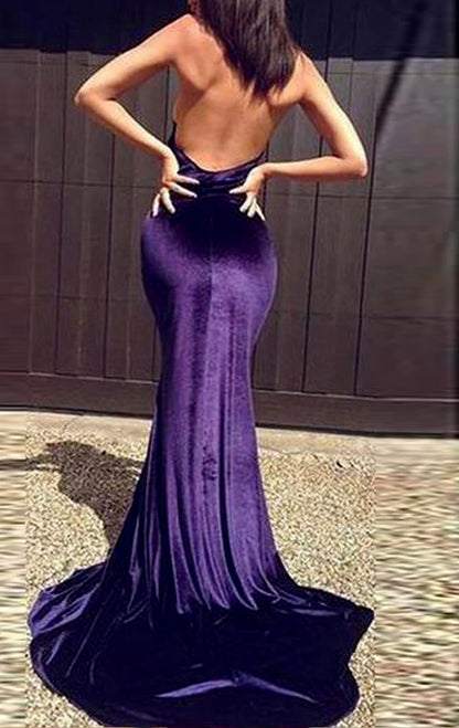 OKBBN Mermaid Strap High Neck Velvet Long Formal Ball Dress