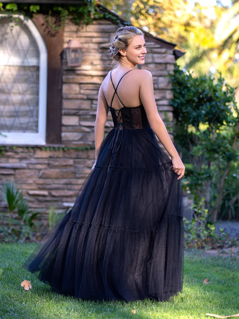 OKBBN tight corset, polka dot chiffon, thin shoulder straps, and ballroom gown