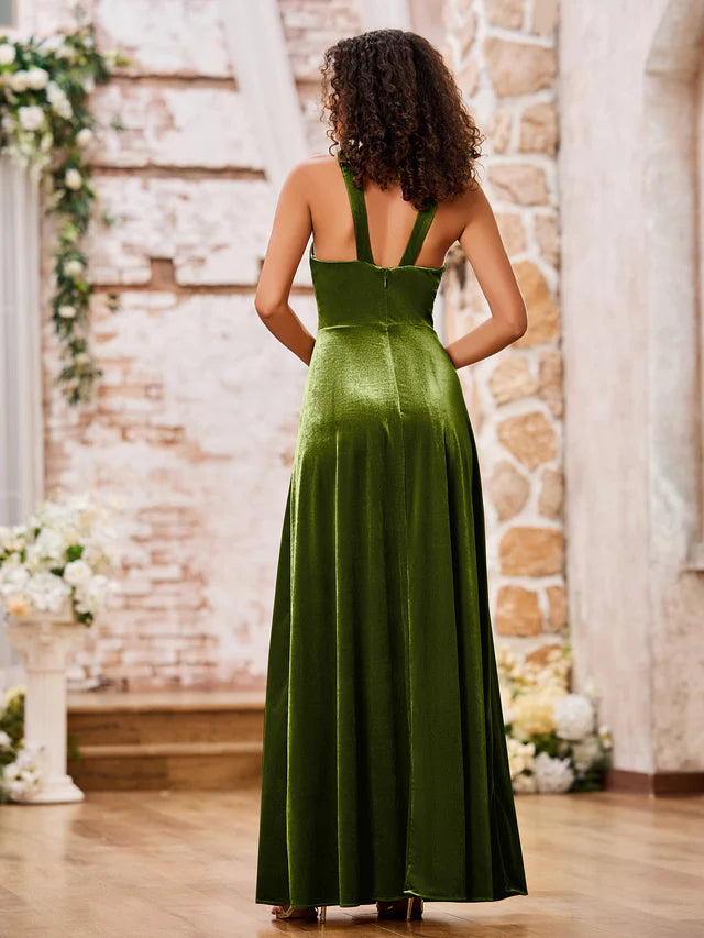 OKBBN Velvet Sleeveless Long Bridesmaid Dress