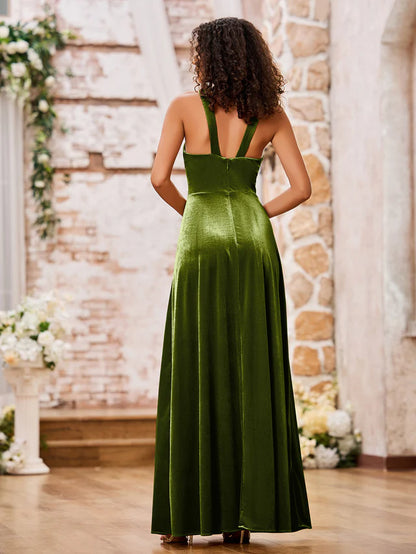 OKBBN Velvet Sleeveless Long Bridesmaid Dress