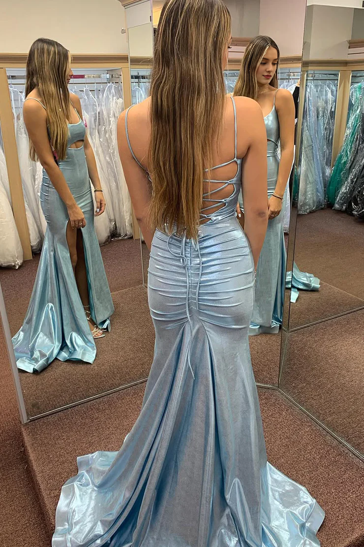 OKBBN Charming Mermaid Round Neck Shining Satin Split Ball Dress
