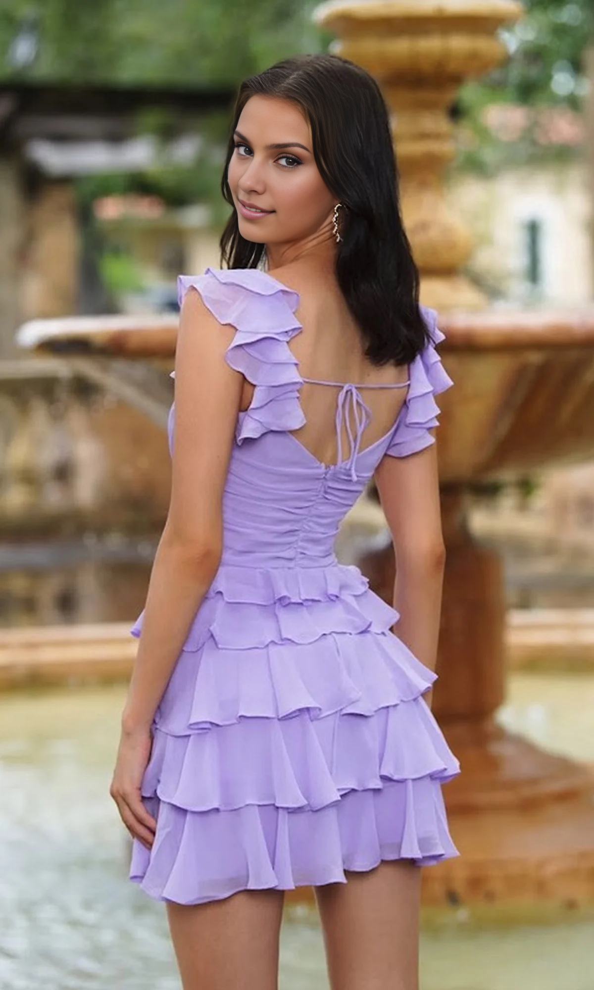 OKBBN V-neck short ruffle edge sleeve with A-line ruffle edge Homecoming Dresses