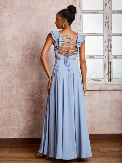 OKBBN ruffled shoulder strap long chiffon bridesmaid dress
