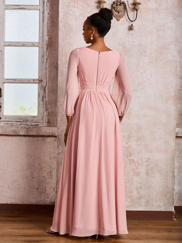 OKBBN boat collar long sleeved pleated A-line chiffon bridesmaid dress