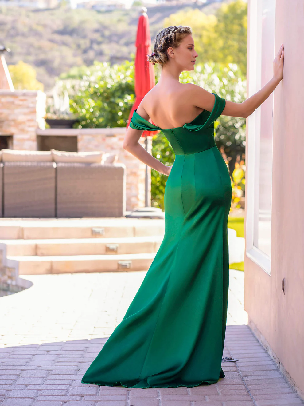 OKBBN trumpet shaped mermaid shaped off shoulder satin ball gown