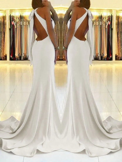 OKBBN tight backless sleeveless ruffled elastic crepe ball gown